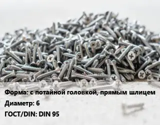 Шуруп с потайной головкой, прямым шлицем 6 ГОСТ: DIN 95